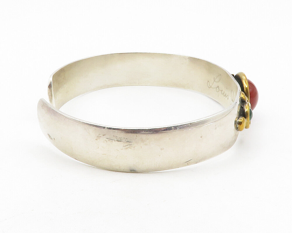 LOUIS BOOTH 925 Silver  Vintage Carnelian & Malachite Cuff Bracelet BT4681
