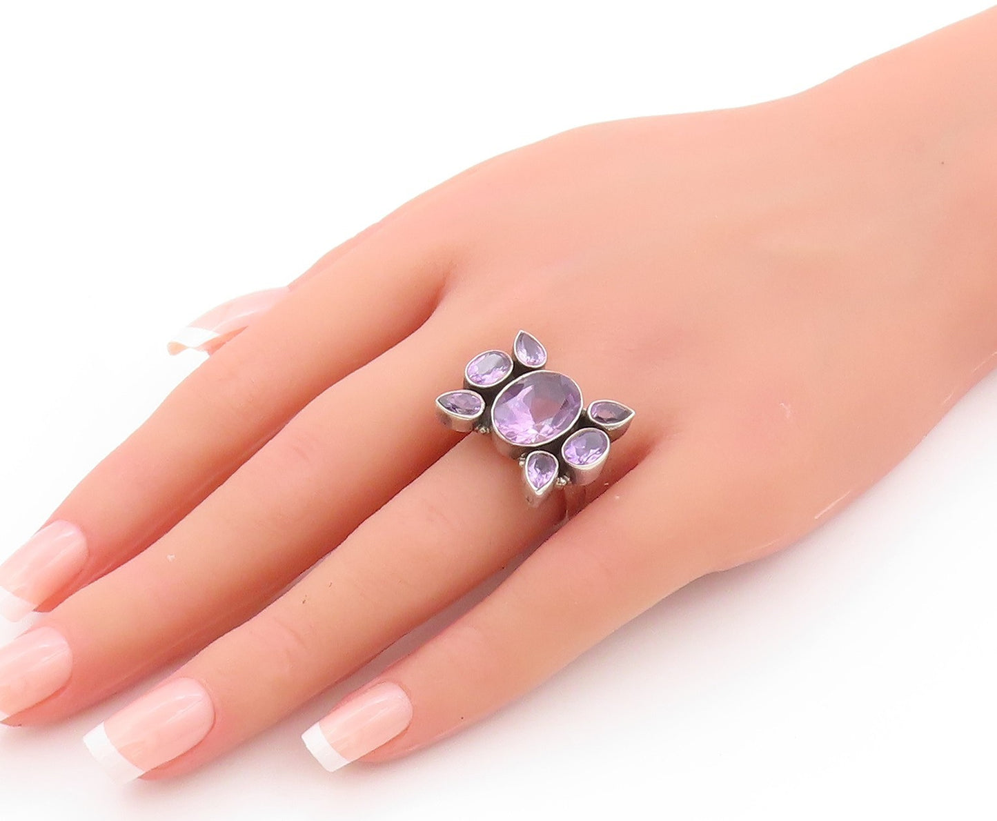 925 Sterling Silver Vintage Ring Oval & Drop Cut Amethyst Design  Sz 7.5 RG32524
