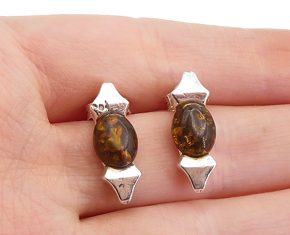 925 Sterling Silver  Cabochon Cut Amber Shiny Petite Drop Earrings  EG2254
