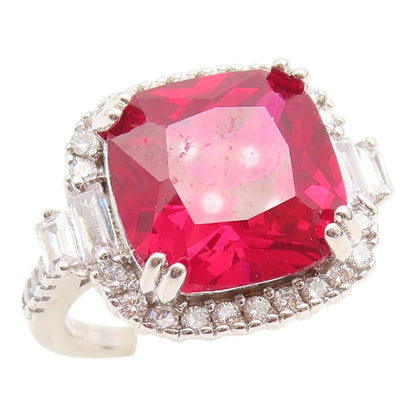 925 Sterling Silver Vintage Ring Elegant Ruby & Halo CZ Band  Sz 6.5  RG35062