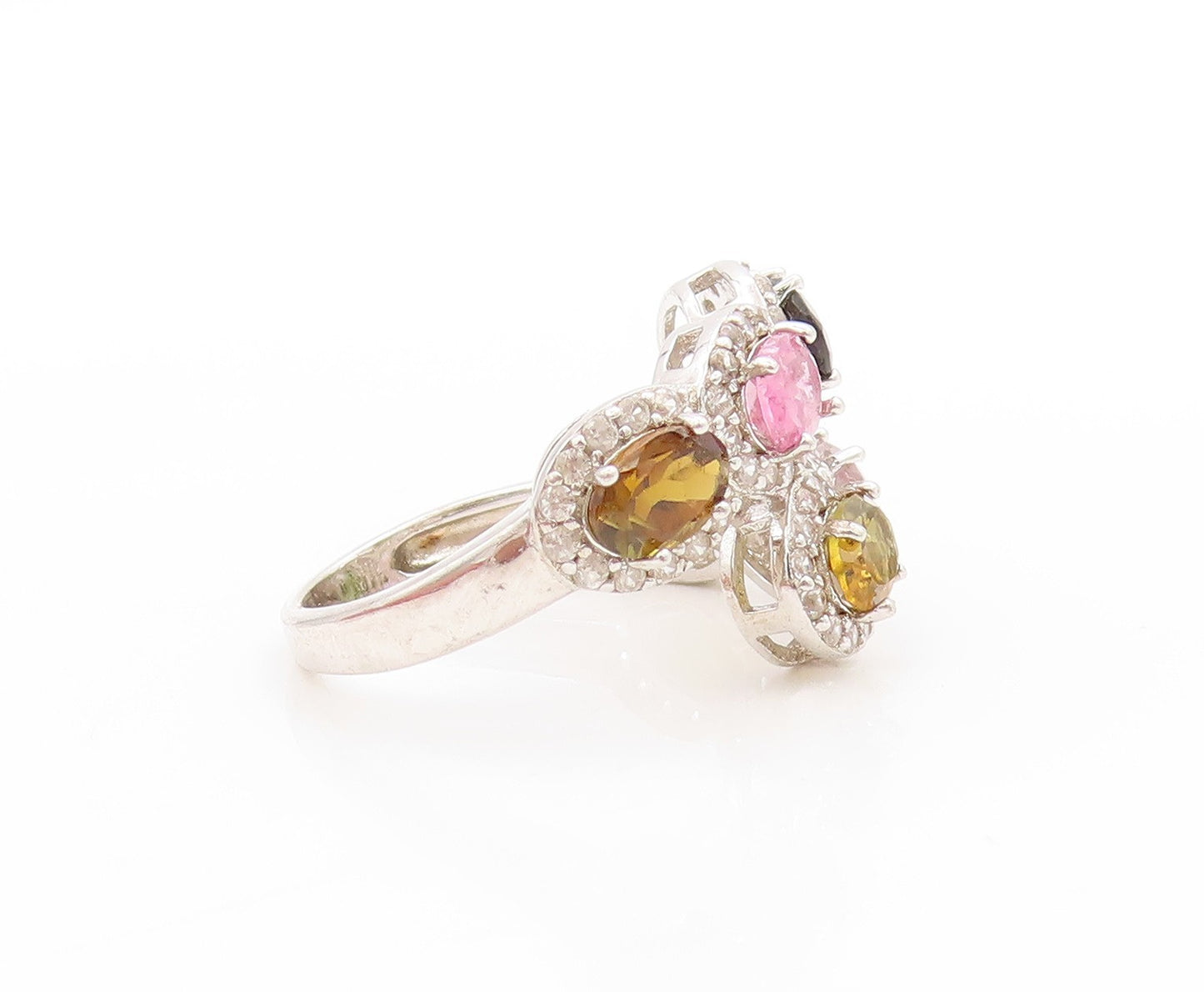 925 Sterling Silver Vintage Ring Multi Gemstone & CZ Bypass Band  Sz 7  RG33741