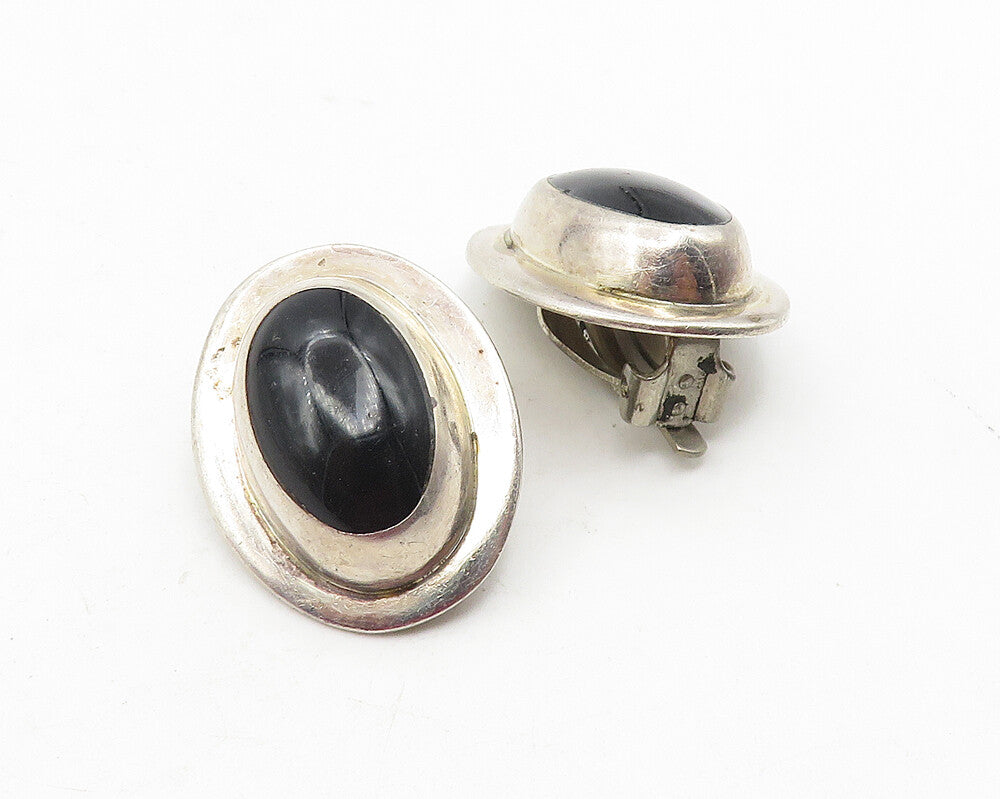 MEXICO 925 Sterling Silver  Vintage Black Onyx Non Pierce Drop Earrings EG5938