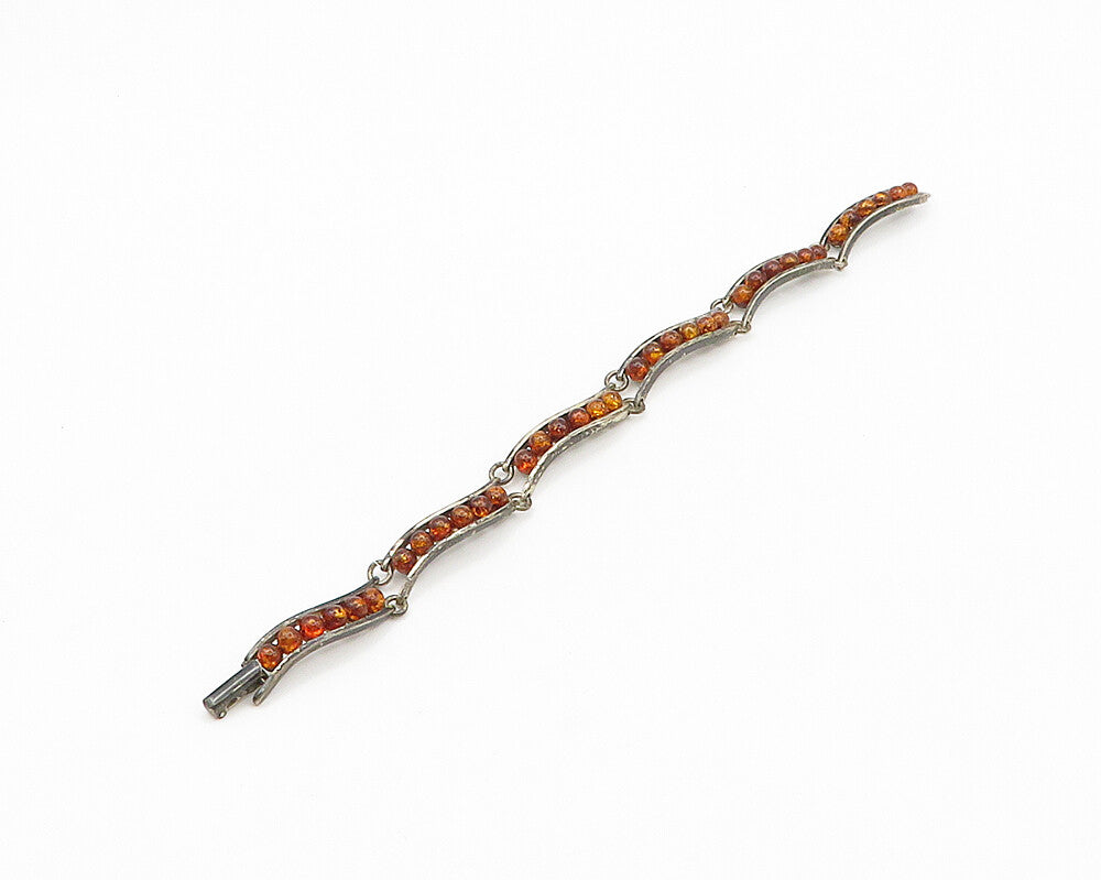 925 Sterling Silver  Vintage Cabochon Cut Amber Bar Chain Bracelet  BT7893
