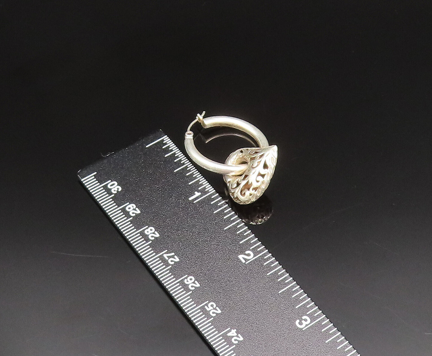 925 Sterling Silver  Vintage Scroll Love Heart Charm Hoop Earrings  EG11910