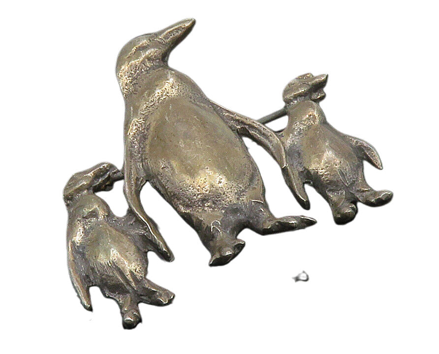 925 Sterling Silver  Vintage Antique Penguin Family Animal Brooch Pin  BP4820