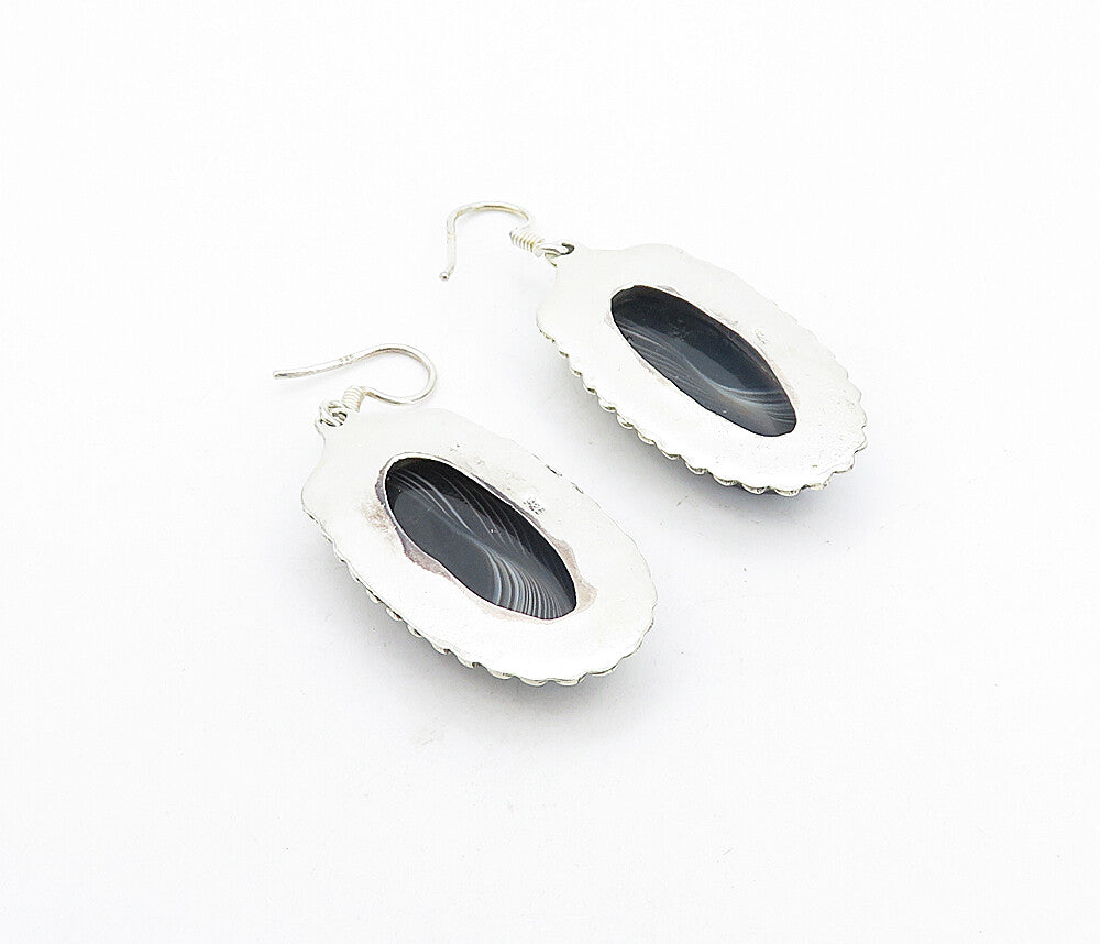 925 Sterling Silver  Vintage Faceted Black Agate Oblong Dangle Earrings EG3751