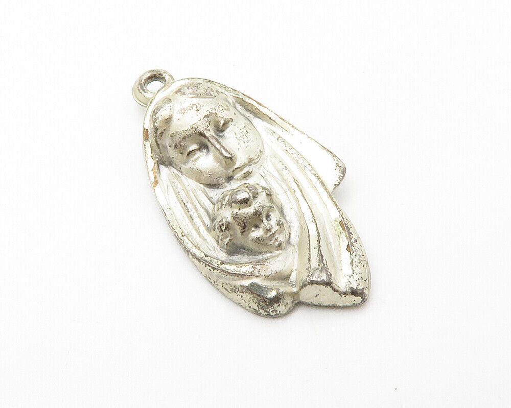 925 Sterling Silver  Vintage Antique Virgin Mary & Baby Jesus Pendant  PT11231