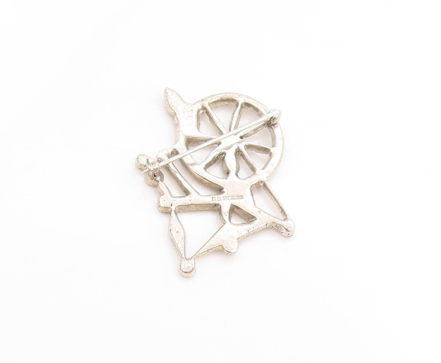 925 Sterling Silver Vintage Brooch Sparkling CZ Spinning Wheel Design  BP11948