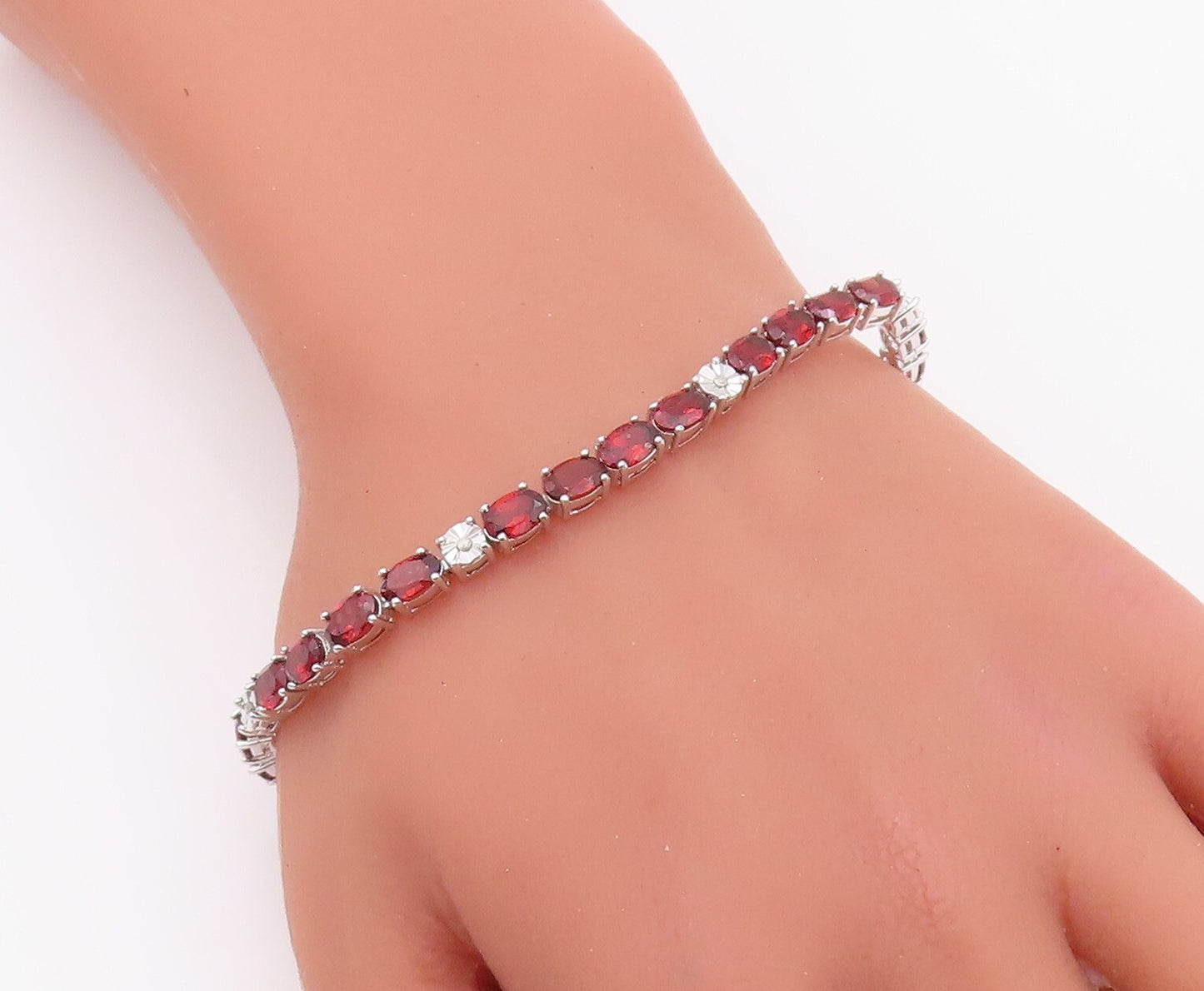 925 Sterling Silver Vintage Bracelet Diamonds & Oval Cut Garnet Band BT10855