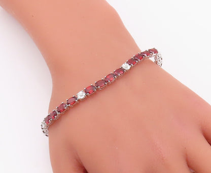925 Sterling Silver Vintage Bracelet Diamonds & Oval Cut Garnet Band BT10855