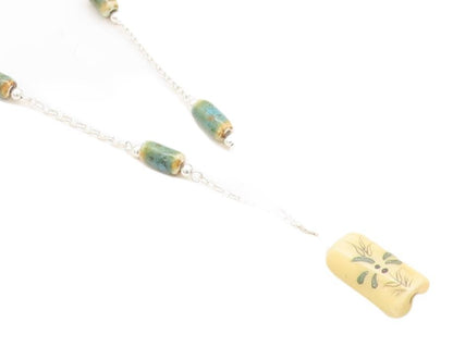 925 Sterling Silver  Vintage Jasper Barrel Bead Shiny Chain Necklace  NE1524