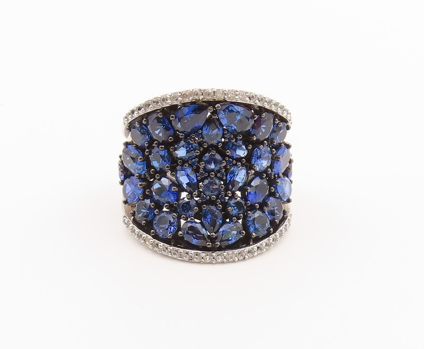 925 Sterling Silver Vintage Ring Sapphire Wide Cluster Band  Sz 12.5  RG36464