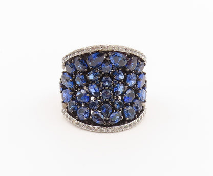 925 Sterling Silver Vintage Ring Sapphire Wide Cluster Band  Sz 12.5  RG36464