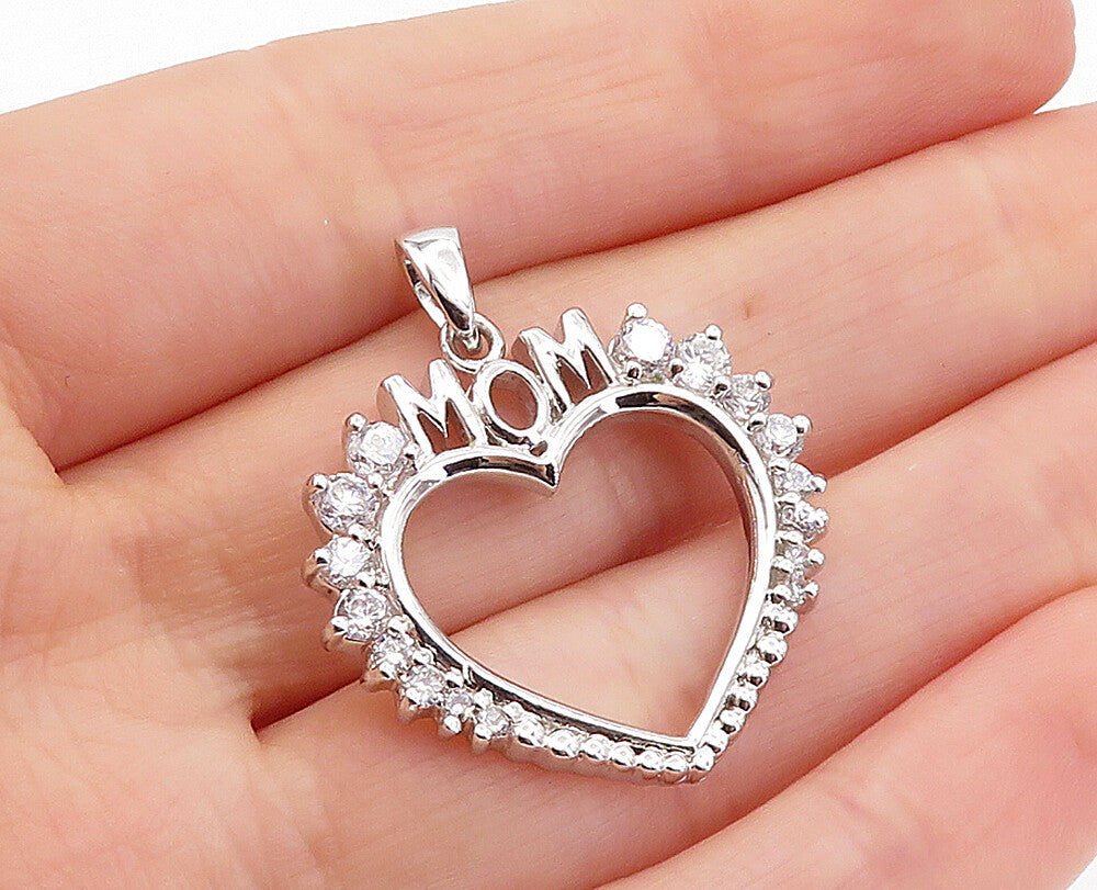 925 Sterling Silver  Vintage Cubic Zirconia Mom Love Heart Pendant  PT3990