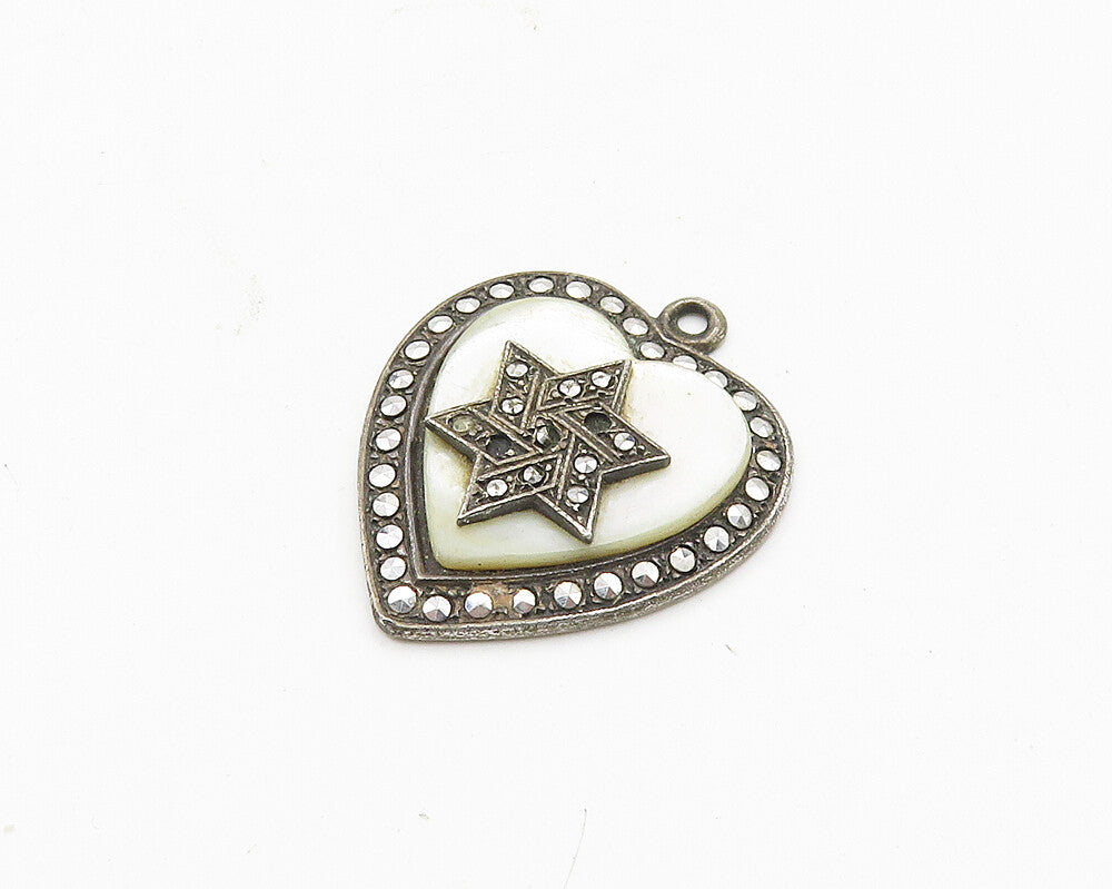 925 Sterling Silver  Vintage Antique Mother Of Pearl Heart Pendant  PT14675