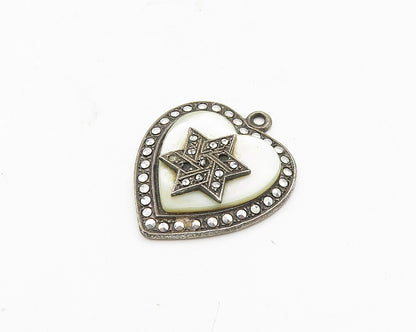 925 Sterling Silver  Vintage Antique Mother Of Pearl Heart Pendant  PT14675