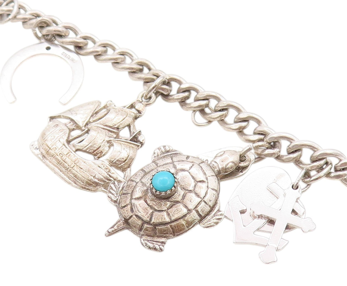 925 Sterling Silver Vintage Bracelet Ocean Life Dangling Larimar Charms  BT11276