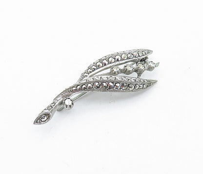 925 Sterling Silver  Vintage Sparkling Floral Leaf Design Brooch Pin  BP1602