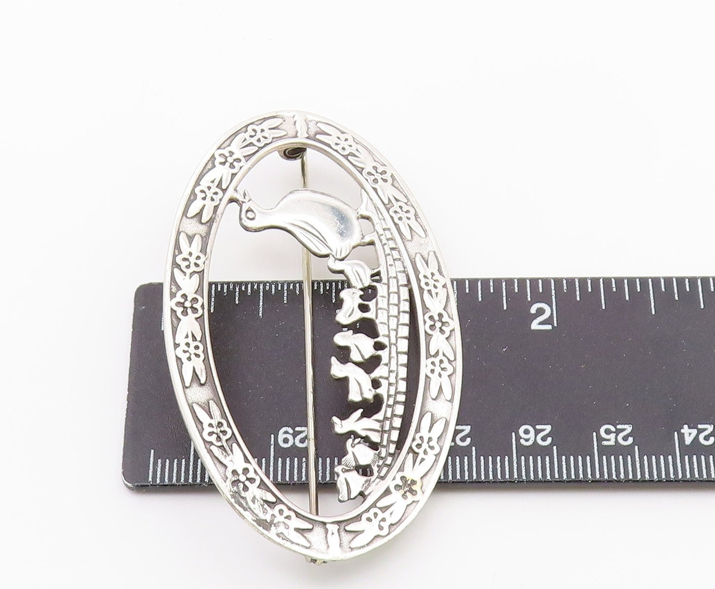 MIA 925 Sterling Silver  Vintage Mom & Baby Ducks Floral Brooch Pin  BP6755