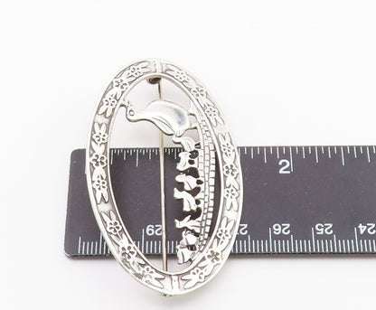 MIA 925 Sterling Silver  Vintage Mom & Baby Ducks Floral Brooch Pin  BP6755