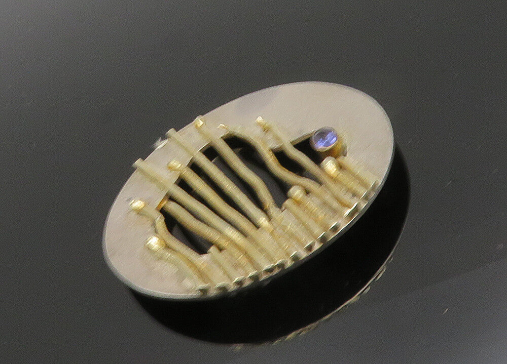 925 Sterling Silver  Vintage Tanzanite Modernist Two Tone Brooch Pin  BP7818