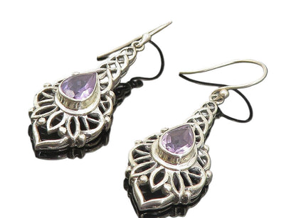 925 Sterling Silver  Vintage Tear Drop Amethyst Floral Dangle Earrings  EG3607