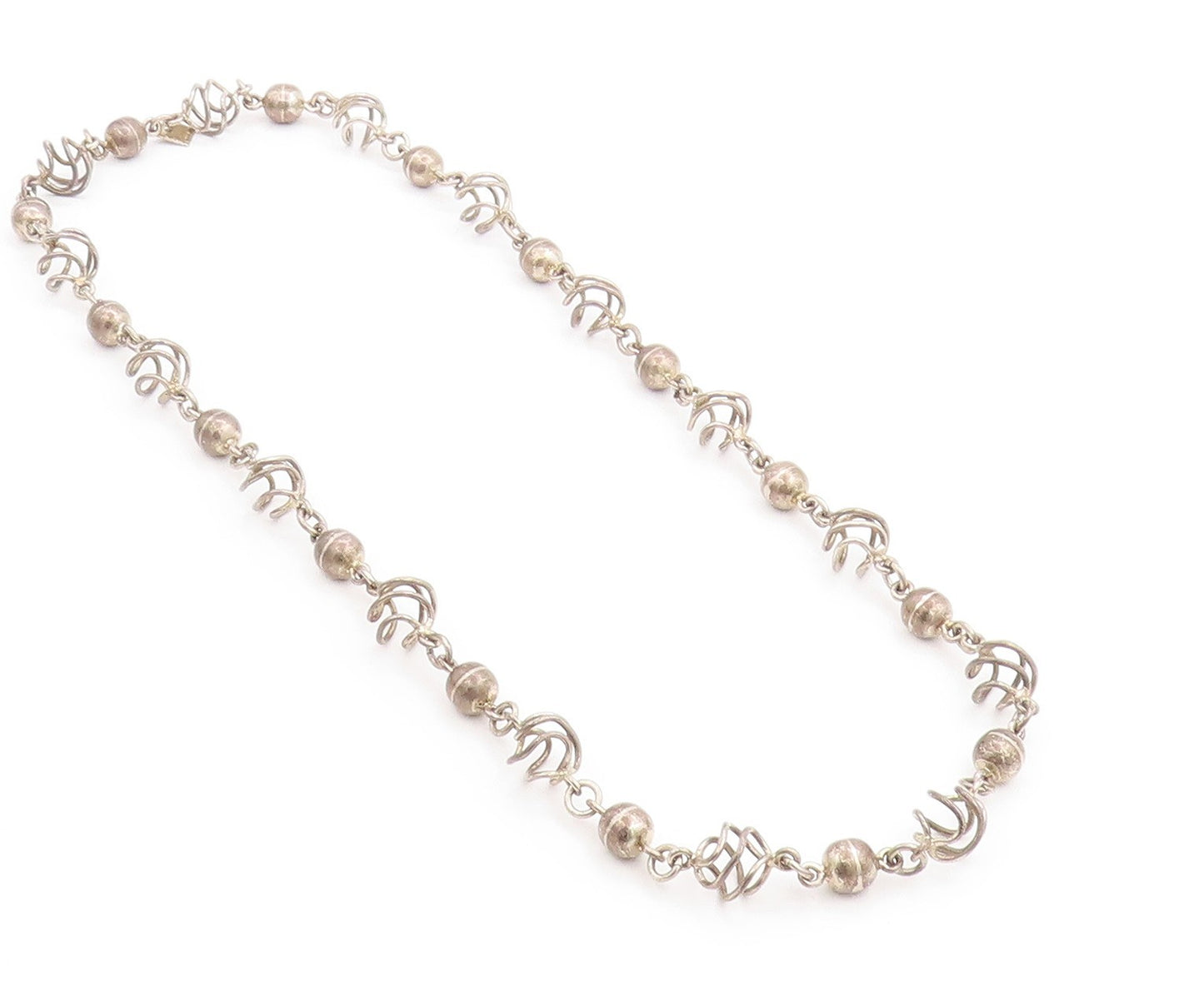 925 Sterling Silver Vintage Necklace MEXICO Spherical Spiral Cage Chain  NE4650