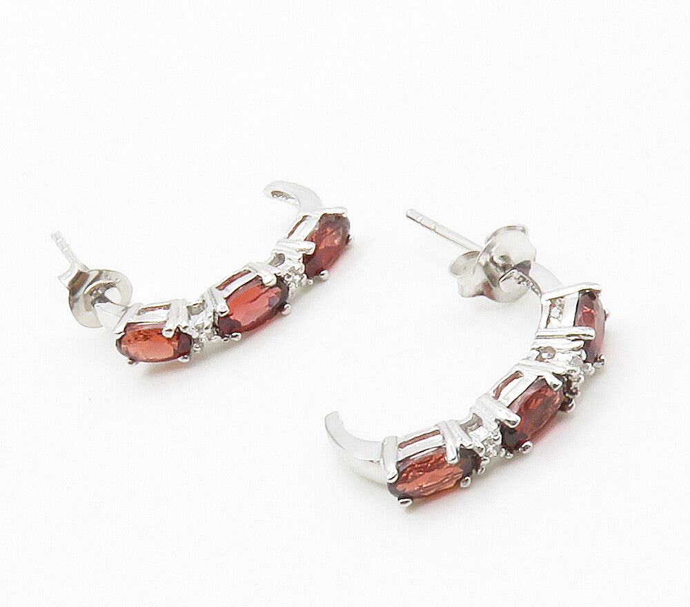 925 Sterling Silver  Red & White Topaz Shiny Curved Drop Earrings  EG7501