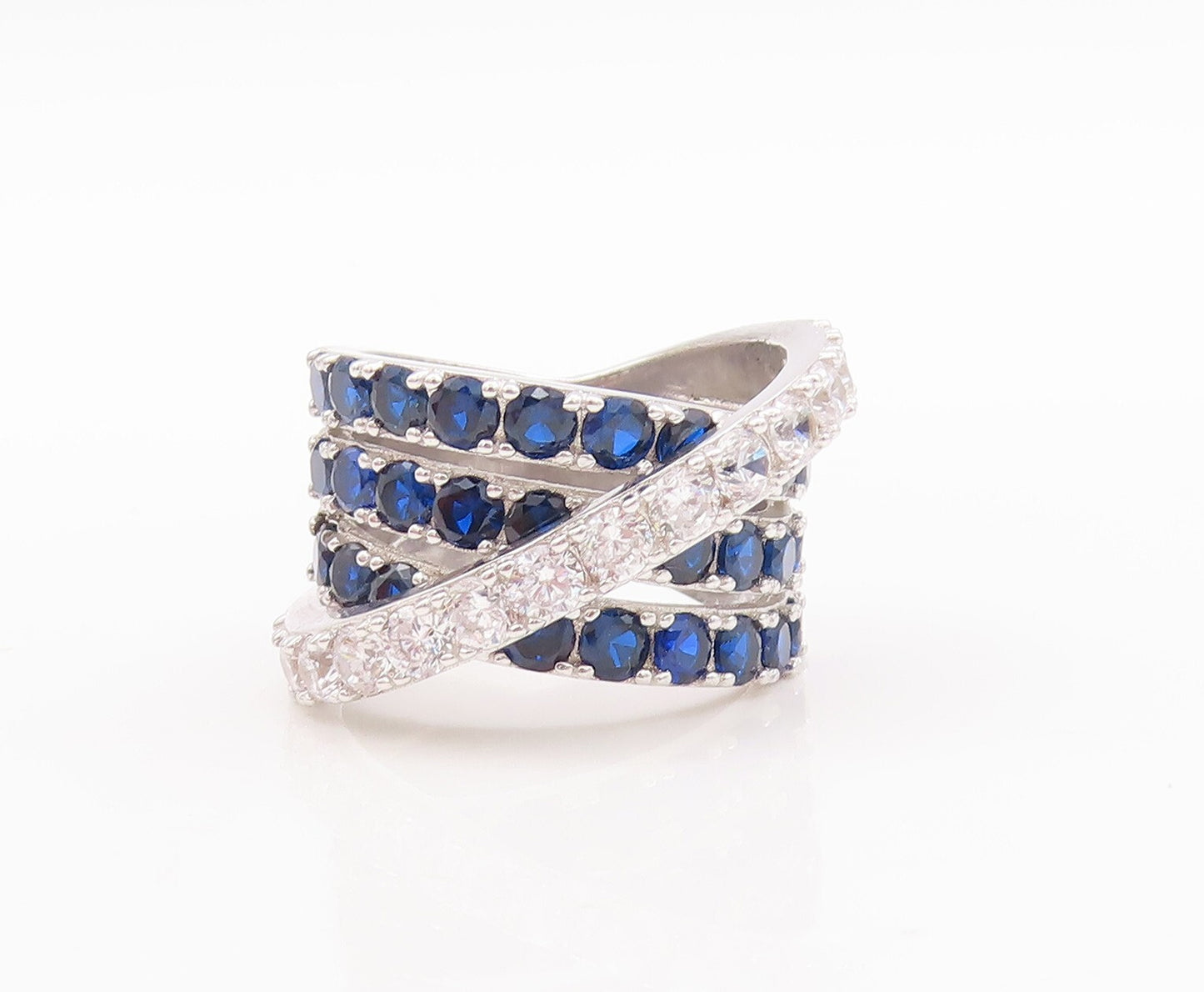 925 Sterling Silver Vintage Ring Designer Sapphire & CZ Bands  Sz 7  RG29464