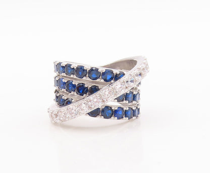 925 Sterling Silver Vintage Ring Designer Sapphire & CZ Bands  Sz 7  RG29464