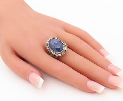925 Sterling Silver Vintage Ring Oval Red Gemstone Halo Beaded Sz 8  RG30203