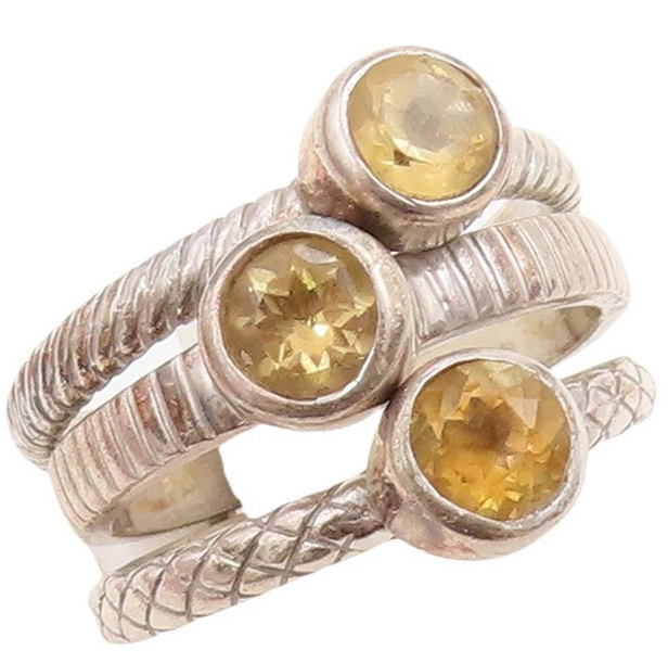 925 Sterling Silver Vintage Ring Etched Stackable Round Citrine  Sz 8  RG30530