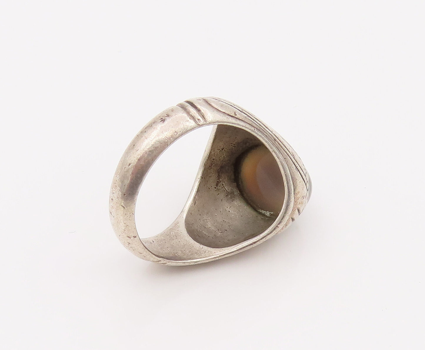 925 Silver  Vintage Minimalist Tribal Cabochon Agate Ring Sz 10  RG26692
