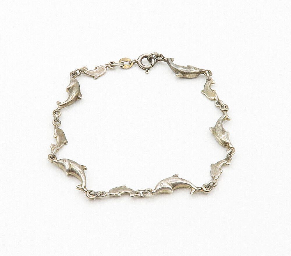 925 Sterling Silver  Vintage Dark Tone Dolphin Motif Chain Bracelet  BT6048