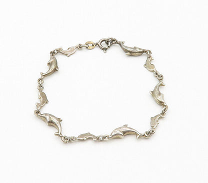 925 Sterling Silver  Vintage Dark Tone Dolphin Motif Chain Bracelet  BT6048