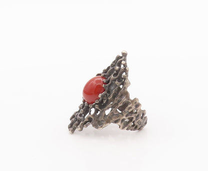925 Sterling Silver Vintage Ring Carved Oval Carnelian Adjustable Sz 8.5 RG27717