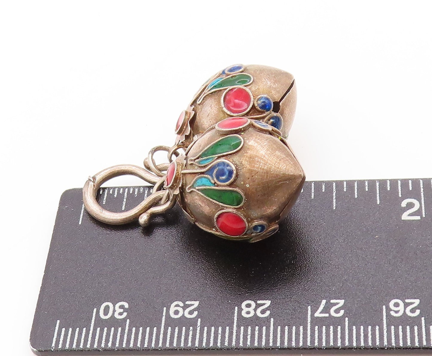 925 Sterling Silver Vintage Pendant Enameled Chinese Lucky Bell JINGLES  PT25148