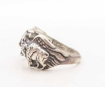 925 Sterling Silver Vintage Ring Dark Tone Designer Carved Eagle  Sz 10  RG31694
