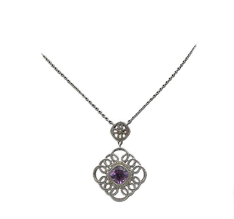 925 Sterling Silver  Amethyst Floral Swirl Pendant Shiny Chain Necklace NE3157