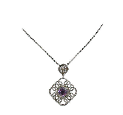 925 Sterling Silver  Amethyst Floral Swirl Pendant Shiny Chain Necklace NE3157