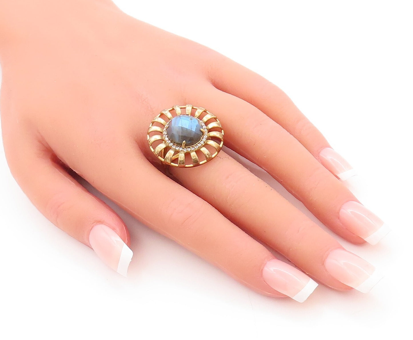 925 Sterling Silver Vintage Ring Gold Plated Alexandrite CZ Flower Sz 7 RG29574