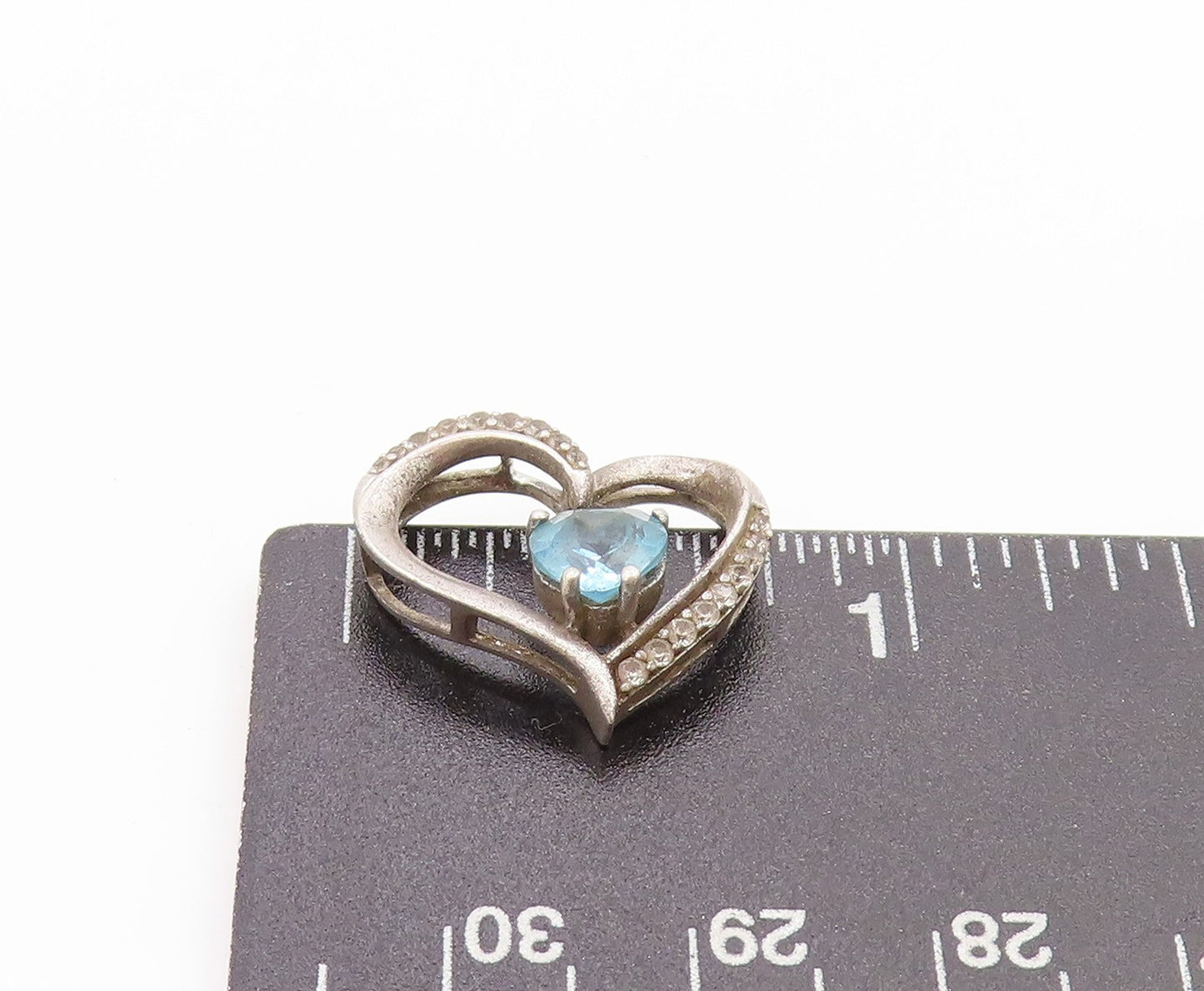 925 Sterling Silver Vintage Pendant Blue Topaz Tilted Love Heart Charm  PT25065