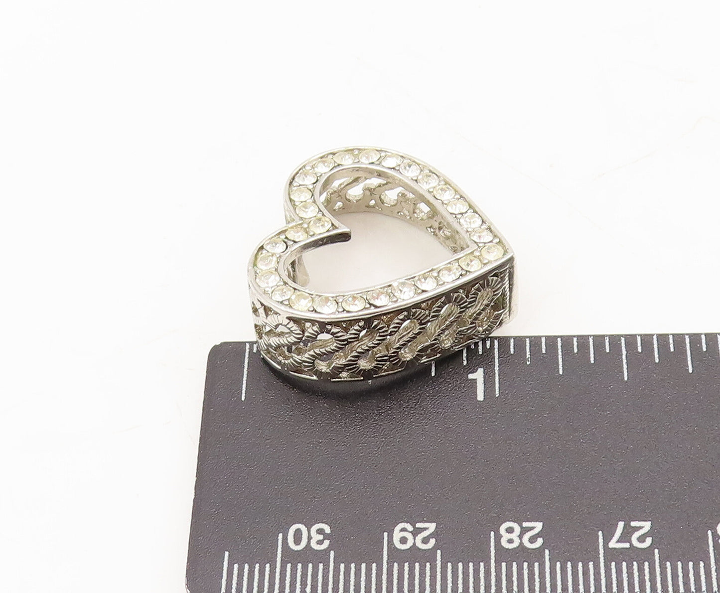 925 Sterling Silver Vintage Pendant Carved $ Band Crystal Heart Border  PT22607