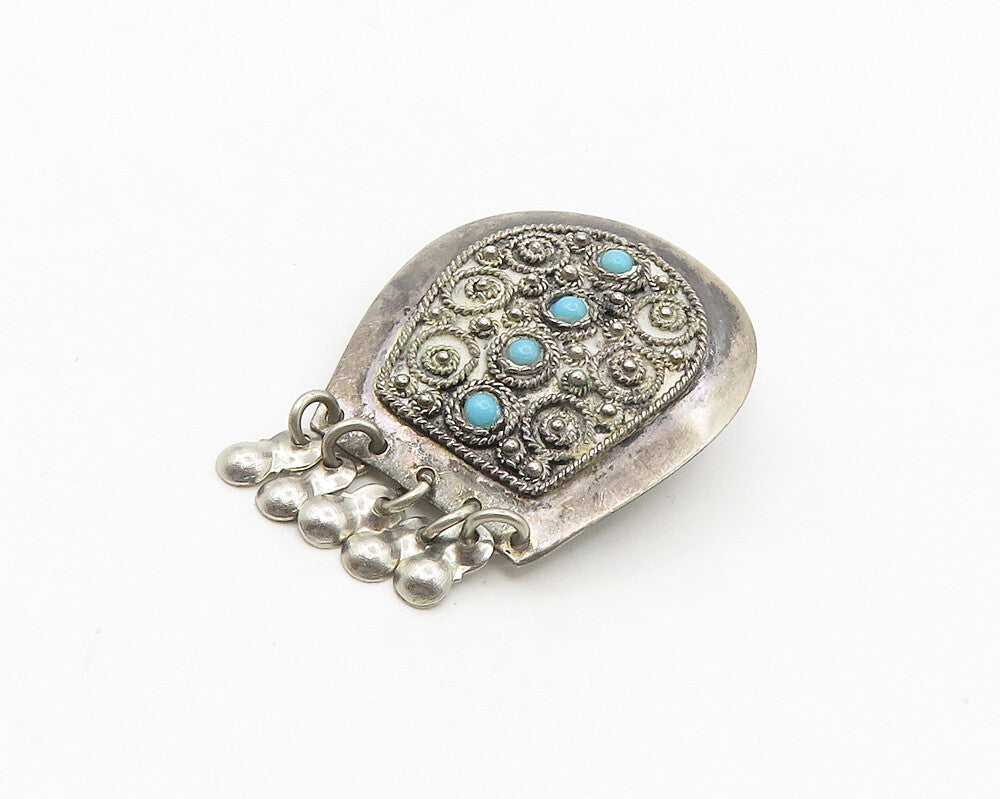 ISRAEL 925 Sterling Silver  Vintage Turquoise Ornate Twist Brooch Pin  BP7260