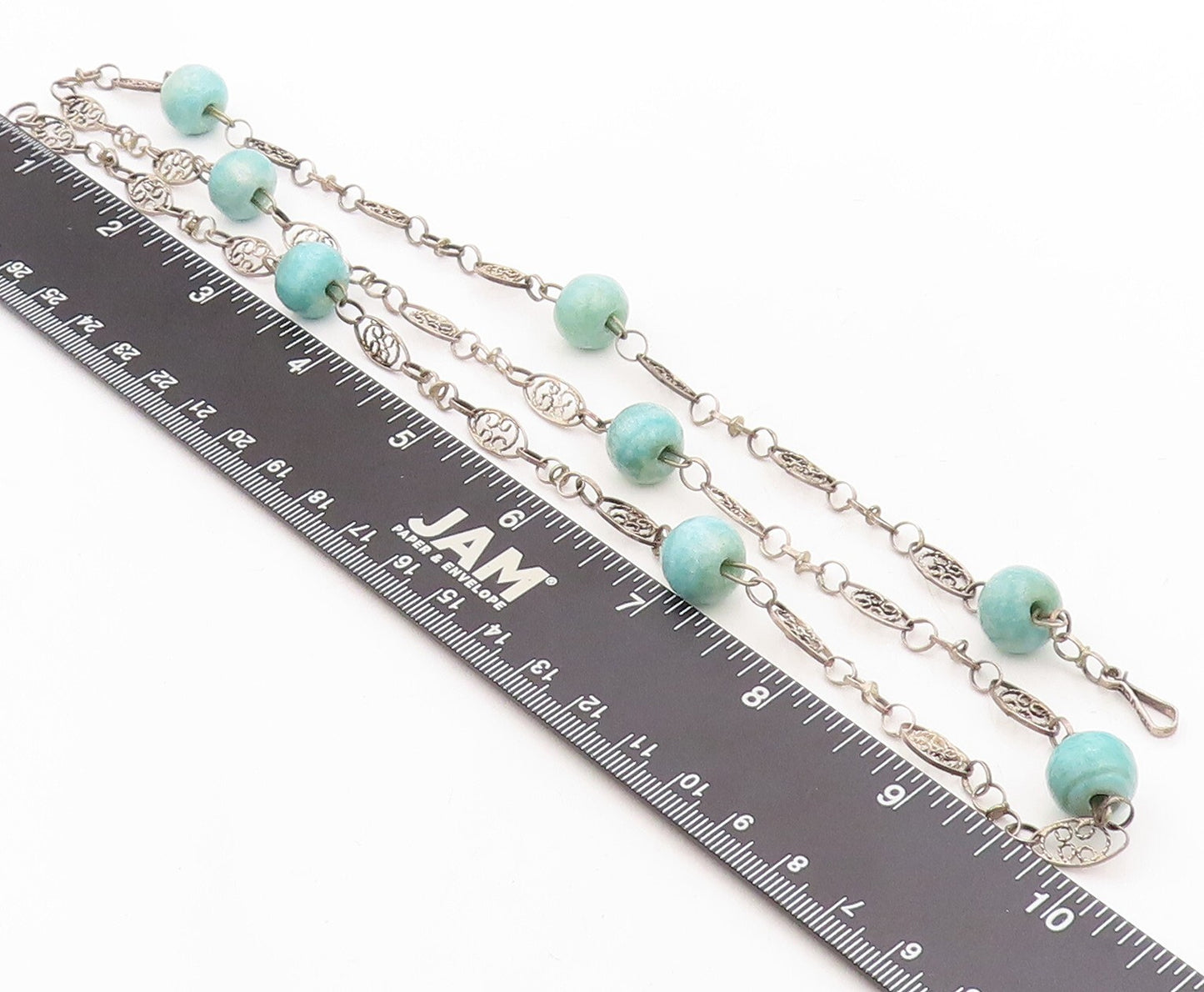 925 Sterling Silver Vintage Necklace Swirly Cutout Gemstone Beads  NE4376