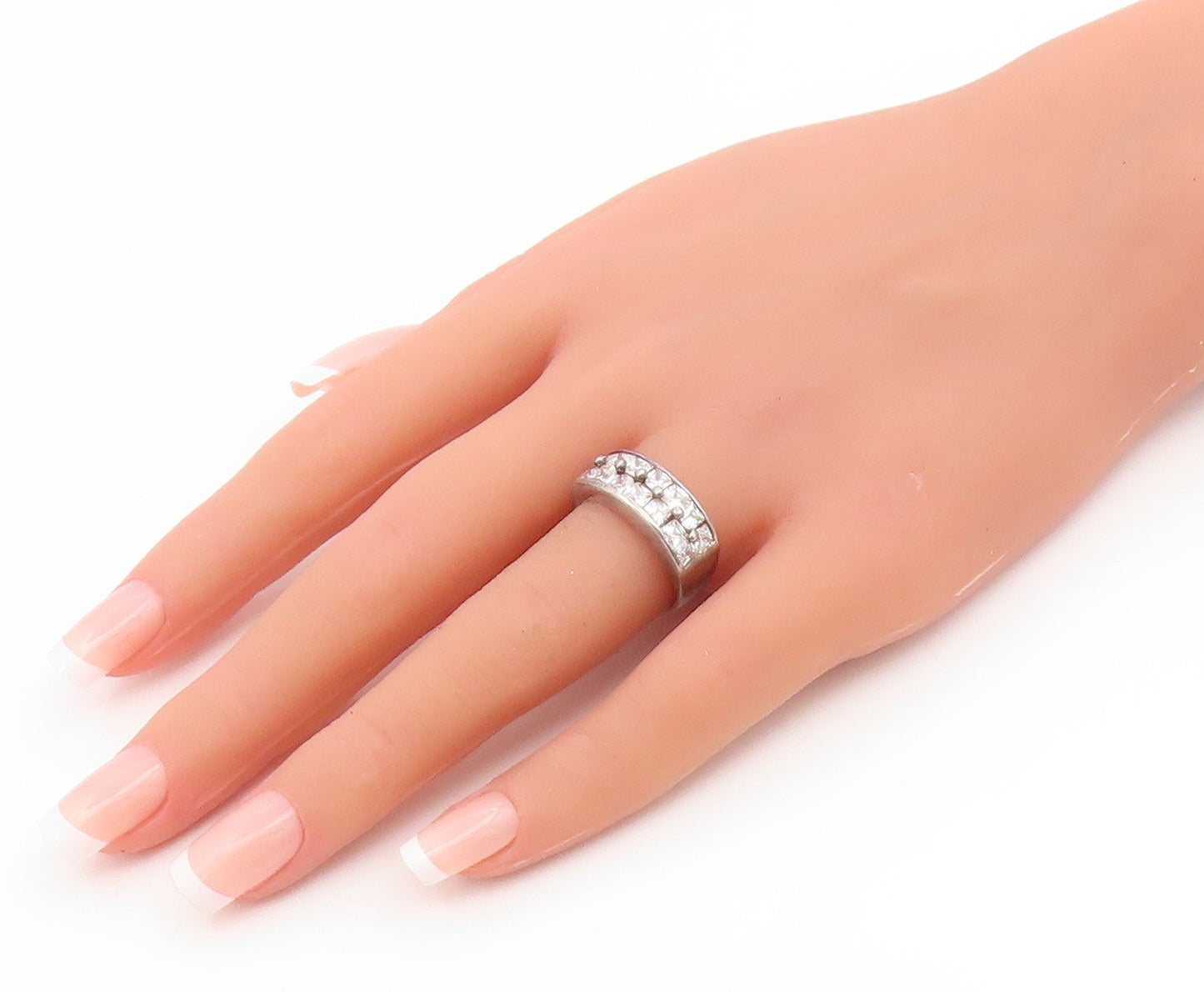 925 Sterling Silver Vintage Ring Square Cut CZ Double Row Band  Sz 8  RG35147