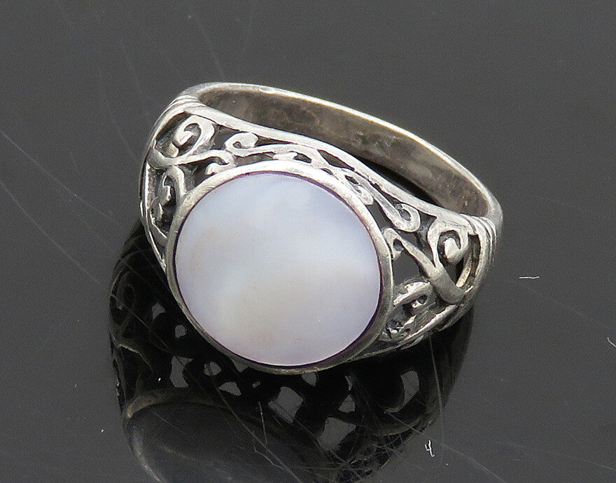 925 Sterling Silver  Vintage Mother Of Pearl Swirl Dome Band Ring Sz 6 RG19566
