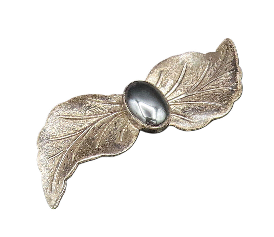 ISRAEL 925 Silver  Vintage Oval Hematite Double Leaf Wings Brooch Pin  BP9746