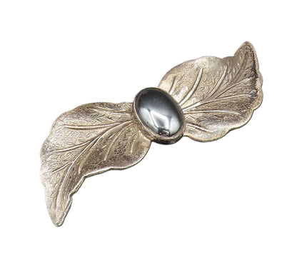 ISRAEL 925 Silver  Vintage Oval Hematite Double Leaf Wings Brooch Pin  BP9746