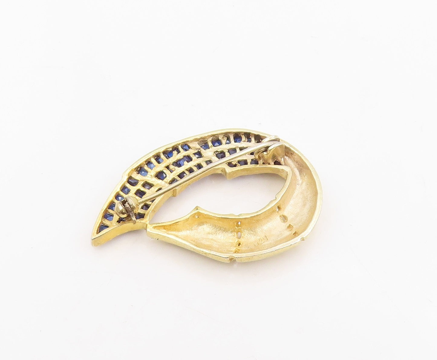 925 Sterling Silver Vintage Brooch Gold Plated Channel Set Sapphire Pin  BP12234